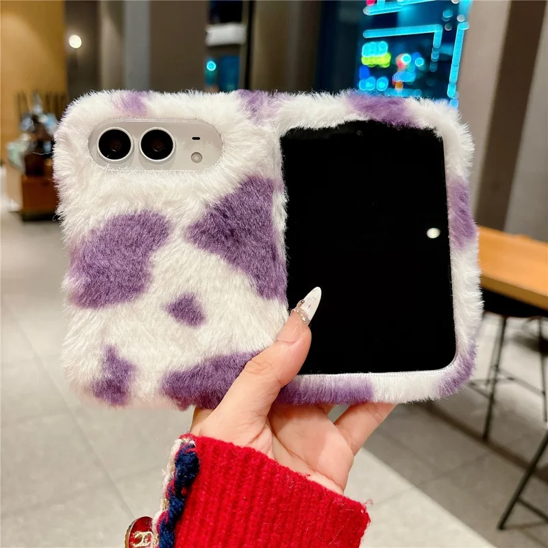 For iPhone Duo Case Stone Pattern PC Plush Folding Phone Cover - White  /  Purple