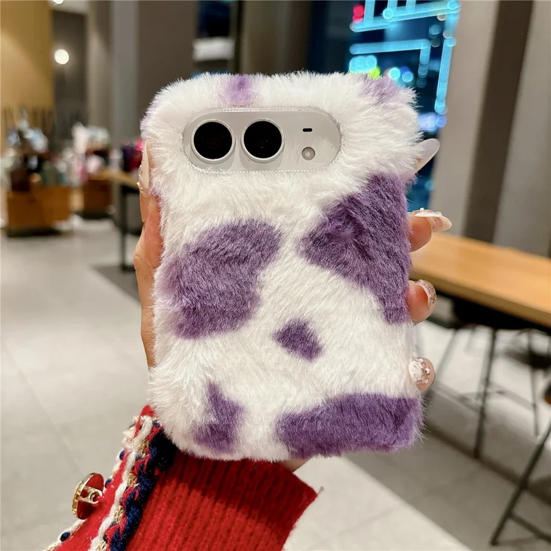 For iPhone Duo Case Stone Pattern PC Plush Folding Phone Cover - White  /  Purple