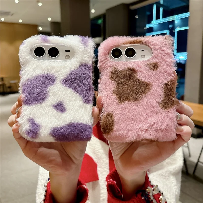 For iPhone Duo Case Stone Pattern PC Plush Folding Phone Cover - White  /  Purple