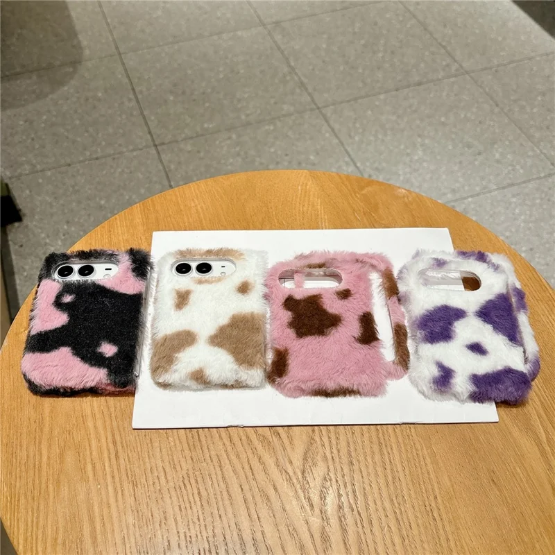 For iPhone Duo Case Stone Pattern PC Plush Folding Phone Cover - White  /  Purple