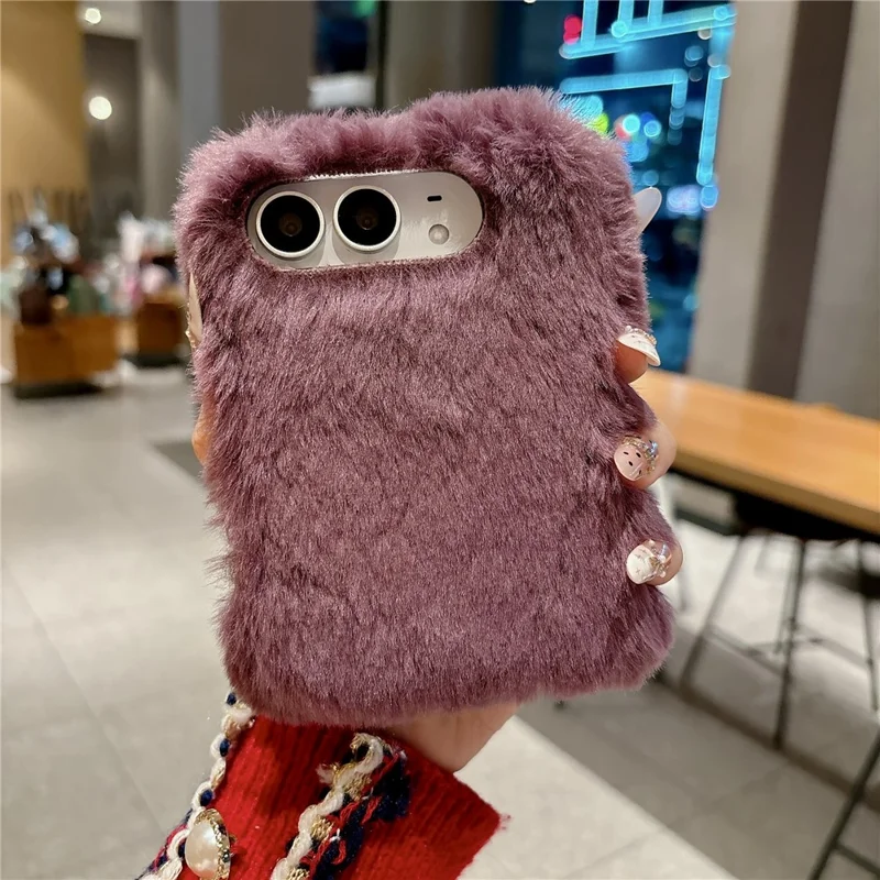 For iPhone Duo Case Foldable Dual Axis with Spring PC Rabbit-Like Plush Phone Cover - Wine Red