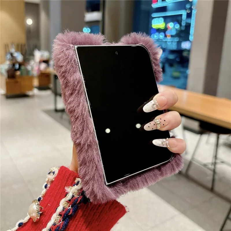 For iPhone Duo Case Foldable Dual Axis with Spring PC Rabbit-Like Plush Phone Cover - Wine Red