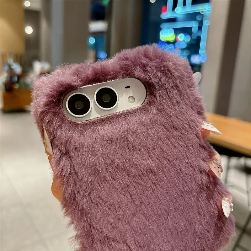 For iPhone Duo Case Foldable Dual Axis with Spring PC Rabbit-Like Plush Phone Cover - Wine Red