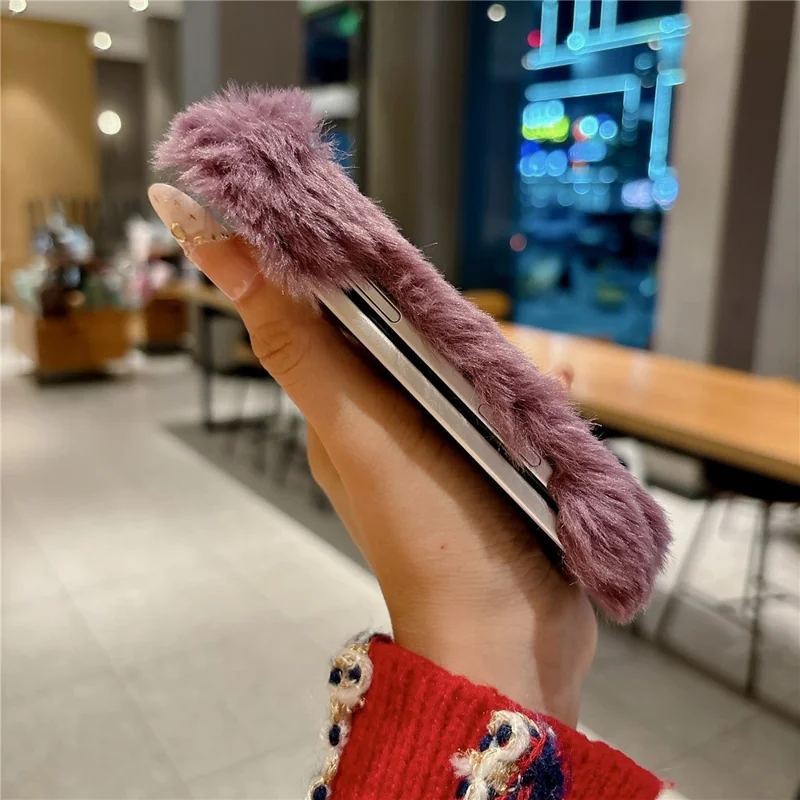 For iPhone Duo Case Foldable Dual Axis with Spring PC Rabbit-Like Plush Phone Cover - Wine Red