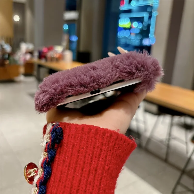 For iPhone Duo Case Foldable Dual Axis with Spring PC Rabbit-Like Plush Phone Cover - Wine Red