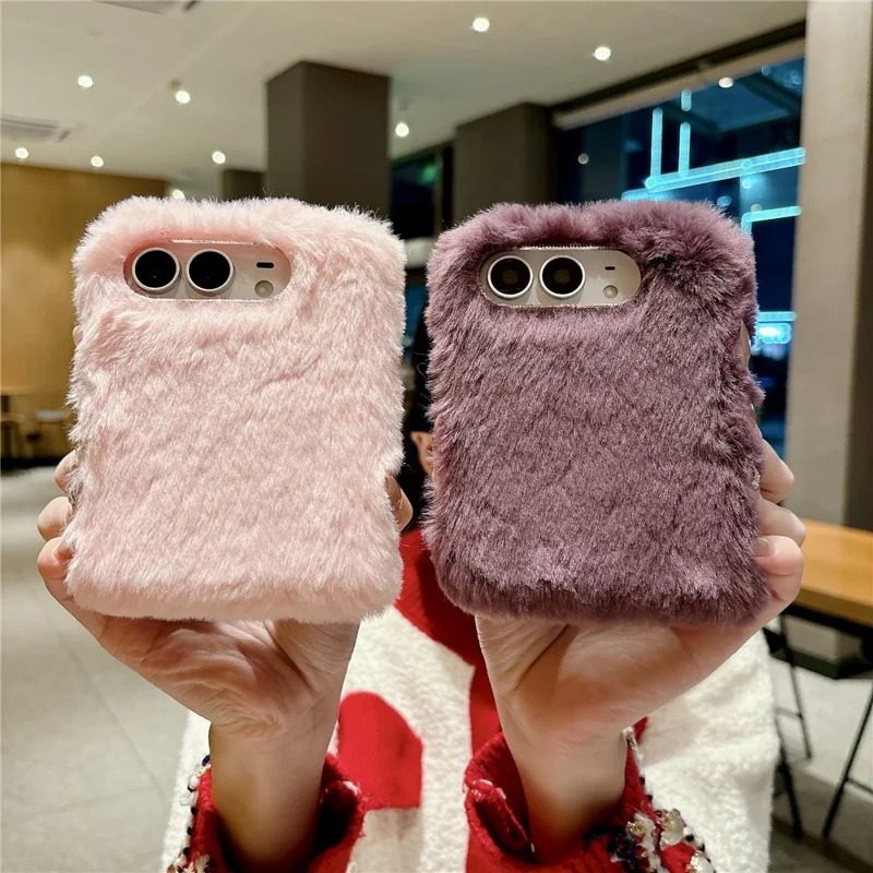 For iPhone Duo Case Foldable Dual Axis with Spring PC Rabbit-Like Plush Phone Cover - Wine Red
