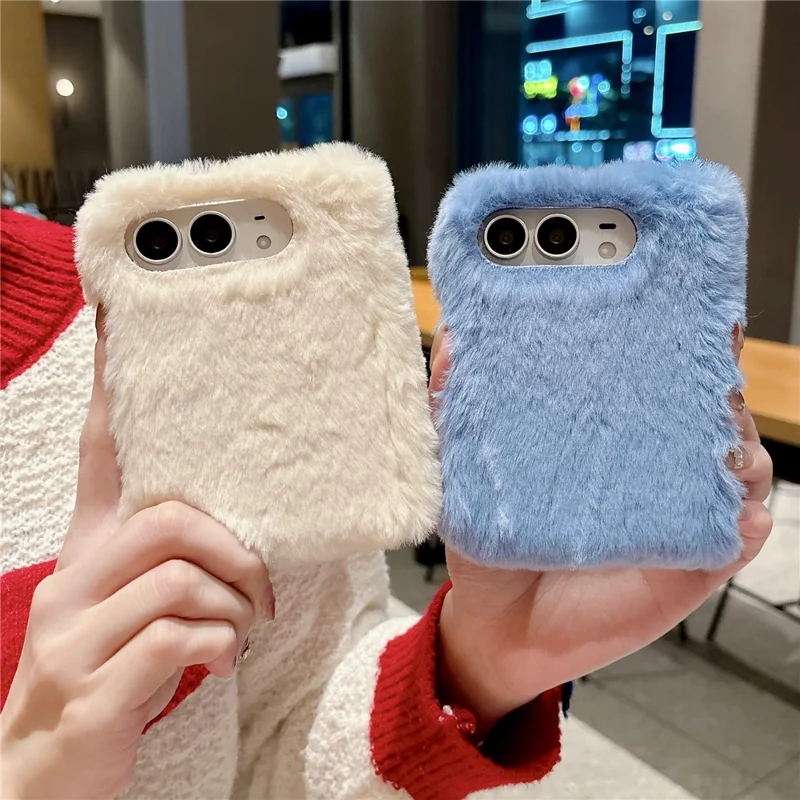 For iPhone Duo Case Foldable Dual Axis with Spring PC Rabbit-Like Plush Phone Cover - Wine Red