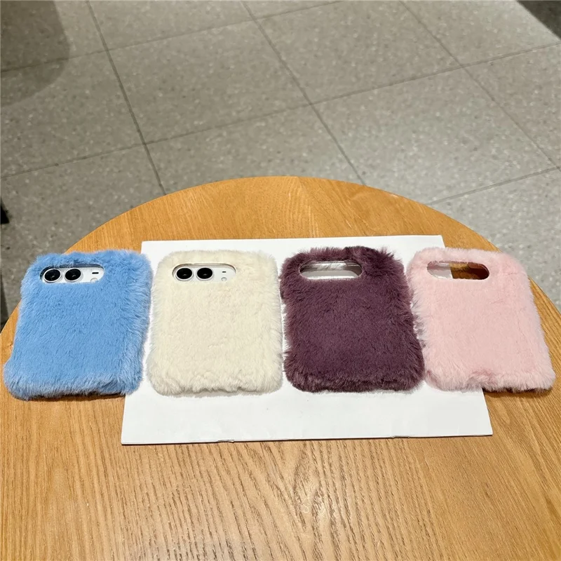 For iPhone Duo Case Foldable Dual Axis with Spring PC Rabbit-Like Plush Phone Cover - Wine Red