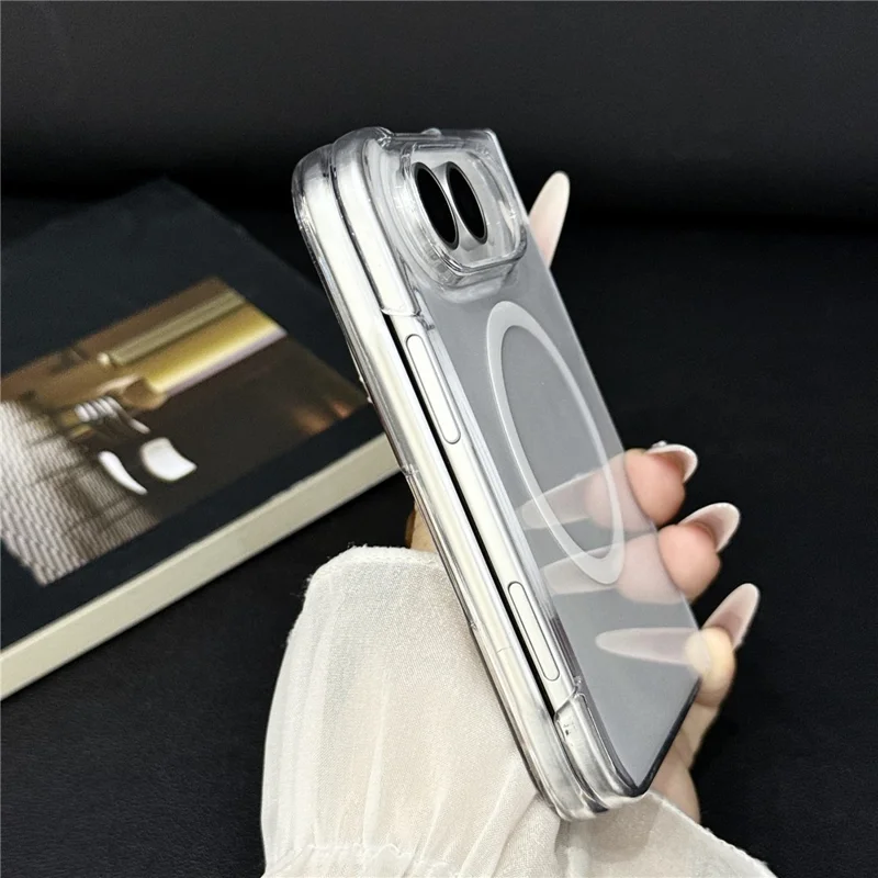 For iPhone Duo Magnetic Case with Screen Film UV Glossy PC Foldable Phone Cover - Transparent