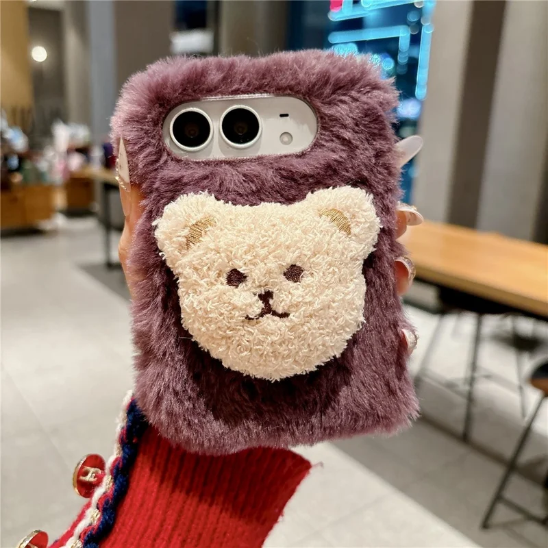 For iPhone Duo Case Cute Plush Character PC Back Phone Cover - Purple Bear