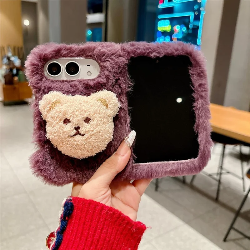For iPhone Duo Case Cute Plush Character PC Back Phone Cover - Purple Bear