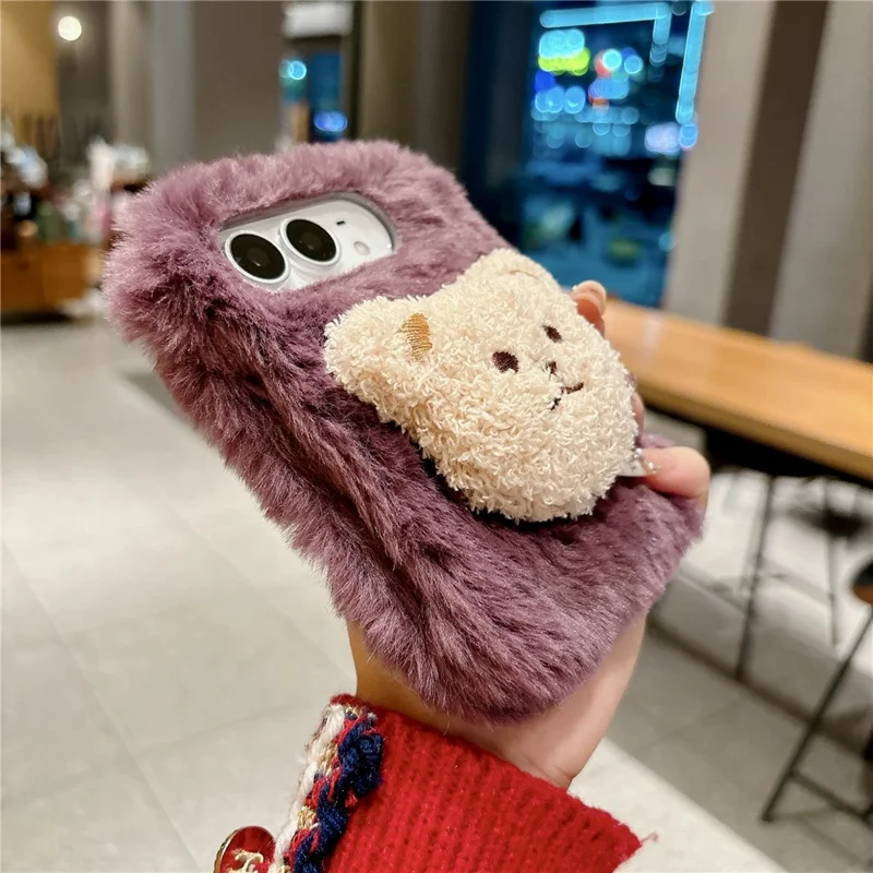 For iPhone Duo Case Cute Plush Character PC Back Phone Cover - Purple Bear