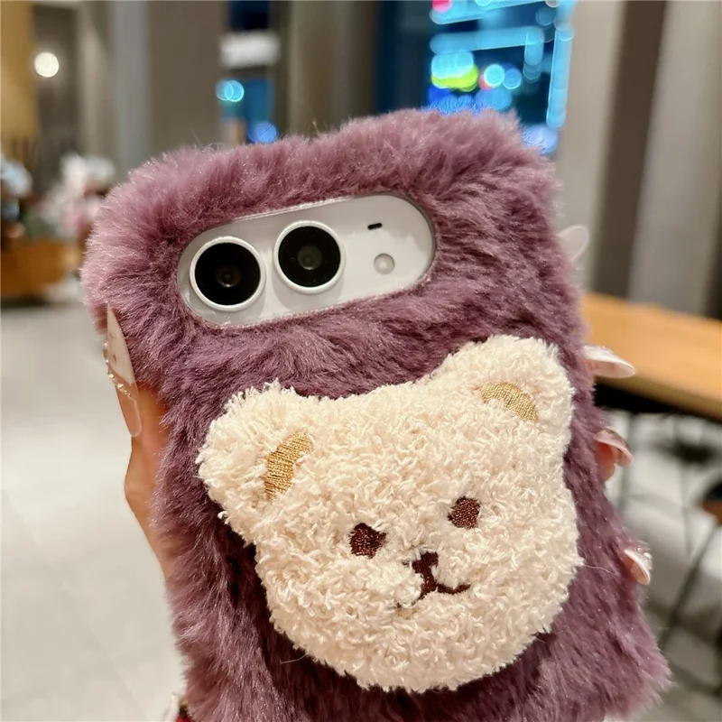 For iPhone Duo Case Cute Plush Character PC Back Phone Cover - Purple Bear