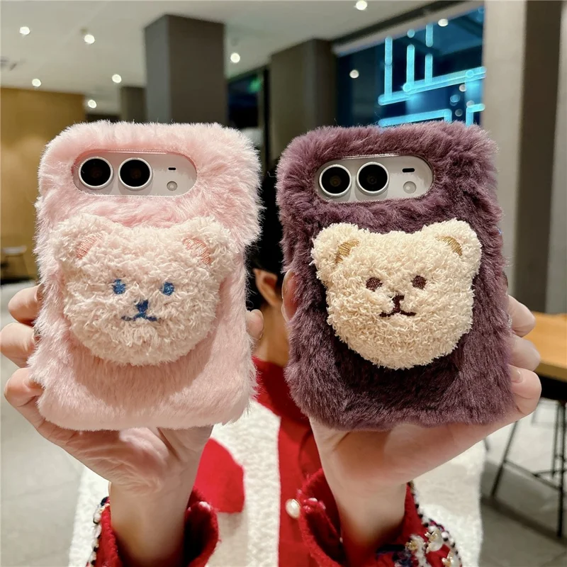 For iPhone Duo Case Cute Plush Character PC Back Phone Cover - Purple Bear