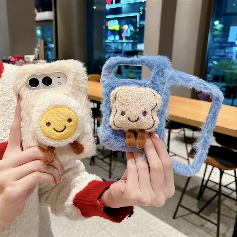 For iPhone Duo Case Cute Plush Character PC Back Phone Cover - Purple Bear