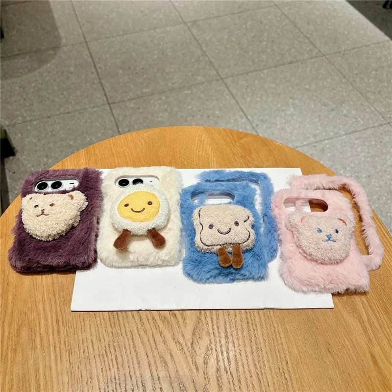 For iPhone Duo Case Cute Plush Character PC Back Phone Cover - Purple Bear