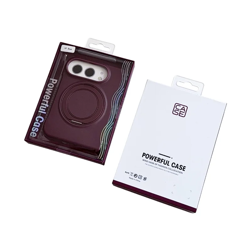 For iPhone Duo Magnetic Case Rotating Kickstand Litchi Texture Anti Drop Silicone Phone Cover - Wine Red