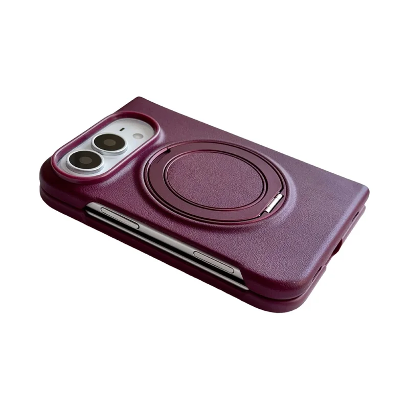 For iPhone Duo Magnetic Case Rotating Kickstand Litchi Texture Anti Drop Silicone Phone Cover - Wine Red