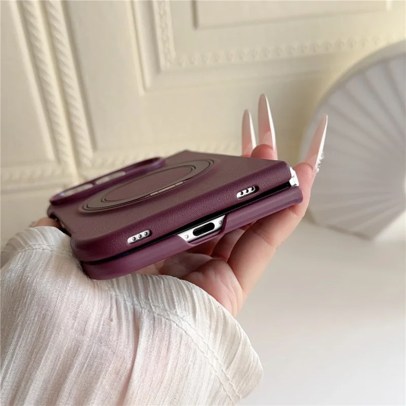 For iPhone Duo Magnetic Case Rotating Kickstand Litchi Texture Anti Drop Silicone Phone Cover - Wine Red