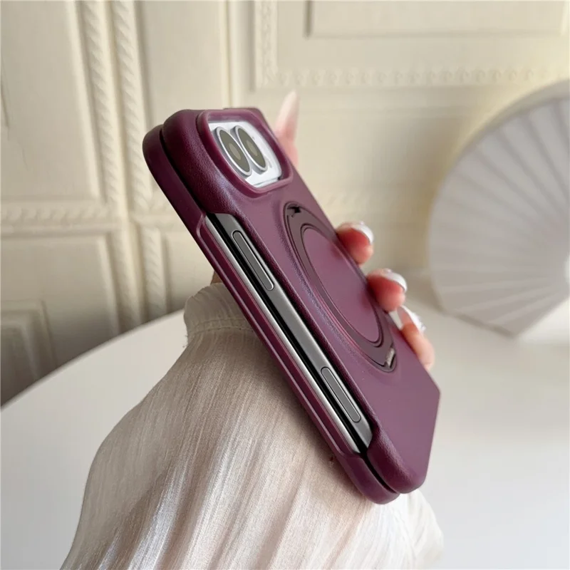 For iPhone Duo Magnetic Case Rotating Kickstand Litchi Texture Anti Drop Silicone Phone Cover - Wine Red