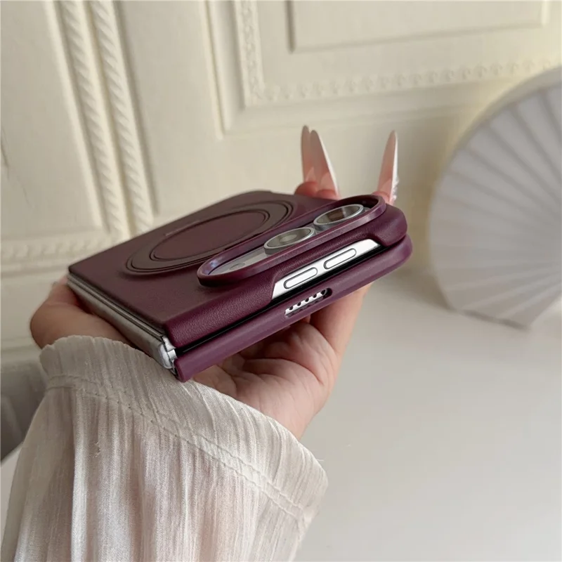For iPhone Duo Magnetic Case Rotating Kickstand Litchi Texture Anti Drop Silicone Phone Cover - Wine Red