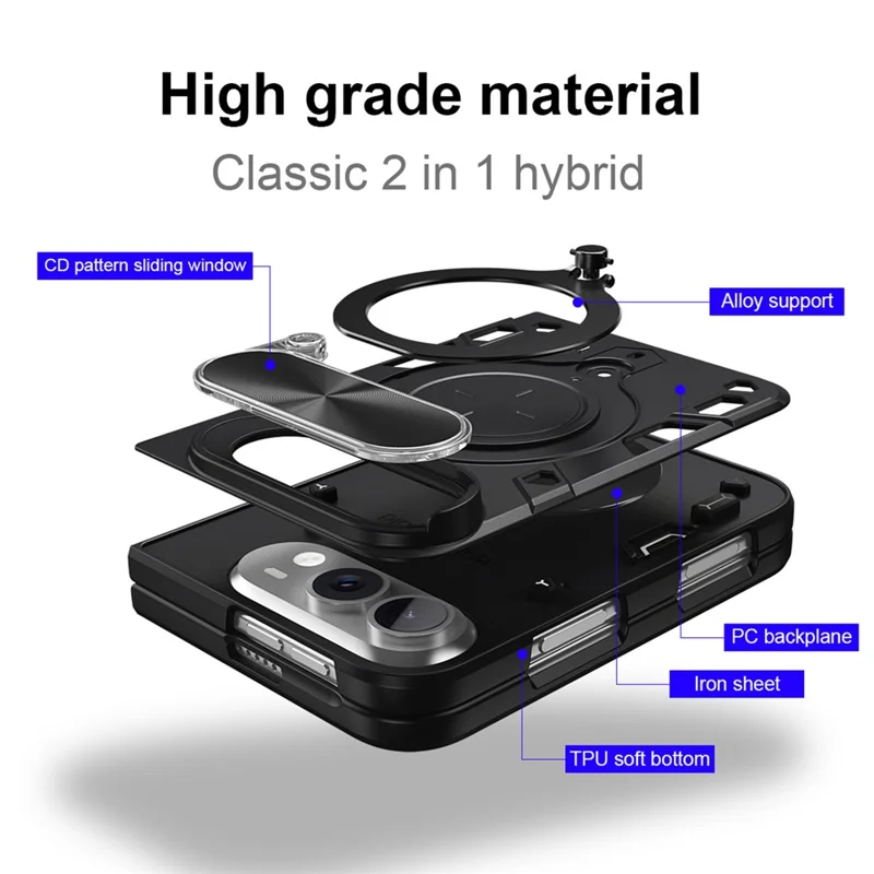 Custodia Duo per iPhone TPU + PC con Supporto, Finestra Scorrevole per Obiettivo - Nero