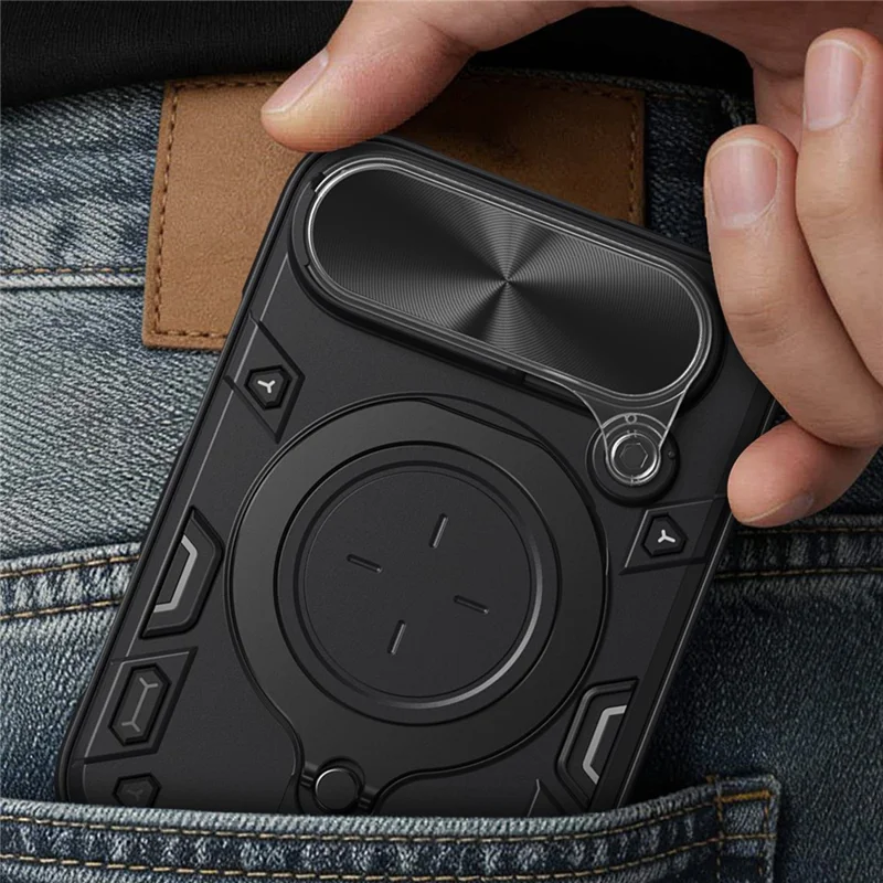 Custodia Duo per iPhone TPU + PC con Supporto, Finestra Scorrevole per Obiettivo - Nero