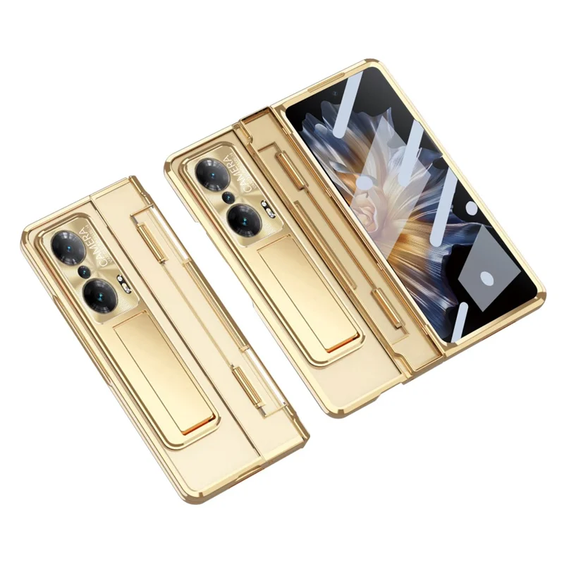 For Honor Magic Vs Ultimate 5G / Magic Vs 5G Kickstand Transparent Phone Case Electroplating Anti-drop PC Cover with Tempered Glass Film - Champagne Gold