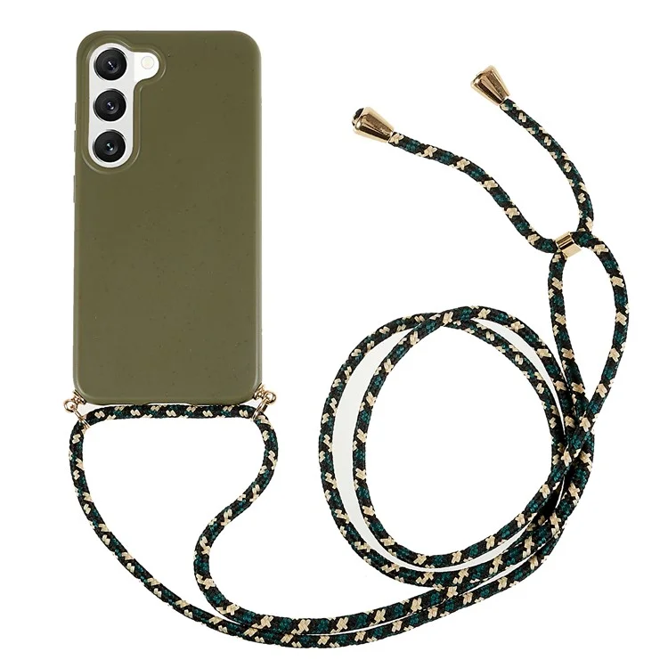 For Samsung Galaxy S23+ Biodegradable Phone Case Wheat Straw Soft TPU Shockproof Protection Skin Shell Cover with Adjustable Lanyard - Army Green