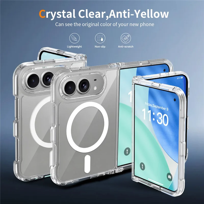 For iPhone Duo Magnetic Case Shockproof Acrylic Clear Cover with Tempered Glass Screen Protector - Transparent