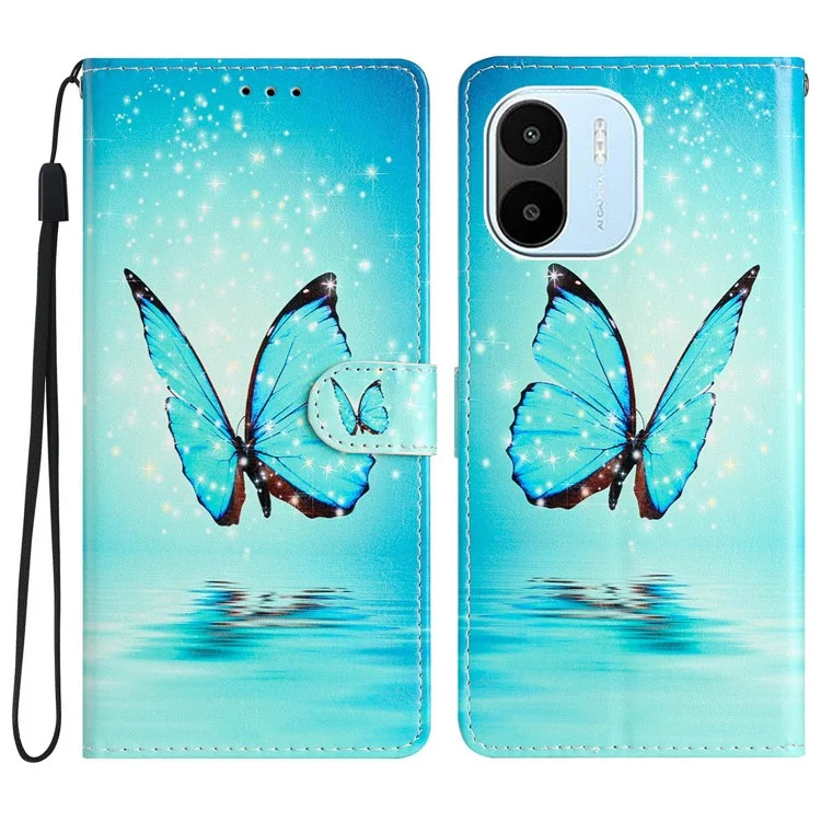 Para Xiaomi Redmi A1 4G / A2 4G Impressão de Padrão em Couro PU Capa de Telefone à Prova de Queda com Suporte, Magnética, Flip Carteira com Alça - Borboleta Azul