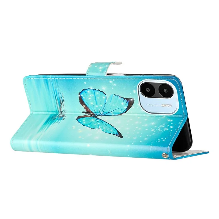 Para Xiaomi Redmi A1 4G / A2 4G Impressão de Padrão em Couro PU Capa de Telefone à Prova de Queda com Suporte, Magnética, Flip Carteira com Alça - Borboleta Azul
