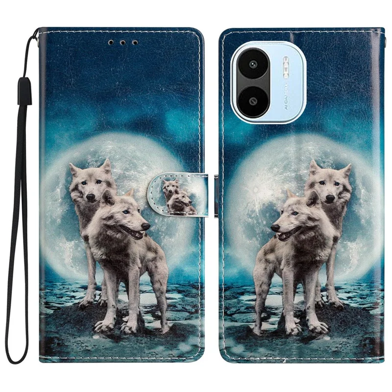 For Xiaomi Redmi A1 4G / A2 4G Pattern Printing PU Leather Phone Case Stand Drop-proof Magnetic Flip Wallet Cover with Strap - Two Wolves