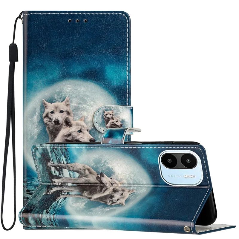 For Xiaomi Redmi A1 4G / A2 4G Pattern Printing PU Leather Phone Case Stand Drop-proof Magnetic Flip Wallet Cover with Strap - Two Wolves