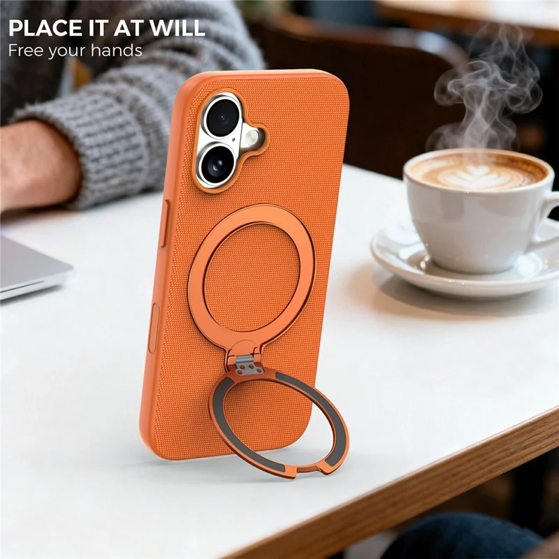 For iPhone 16 Case Magnetic Rotating Kickstand Tech Fabric TPU Protective Cover - Orange