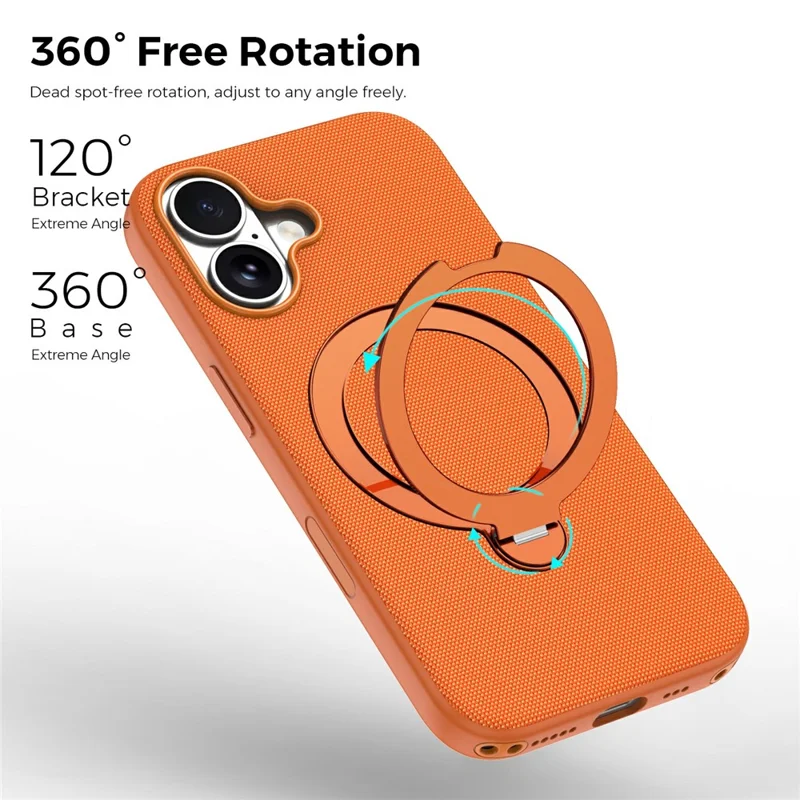 For iPhone 16 Case Magnetic Rotating Kickstand Tech Fabric TPU Protective Cover - Orange
