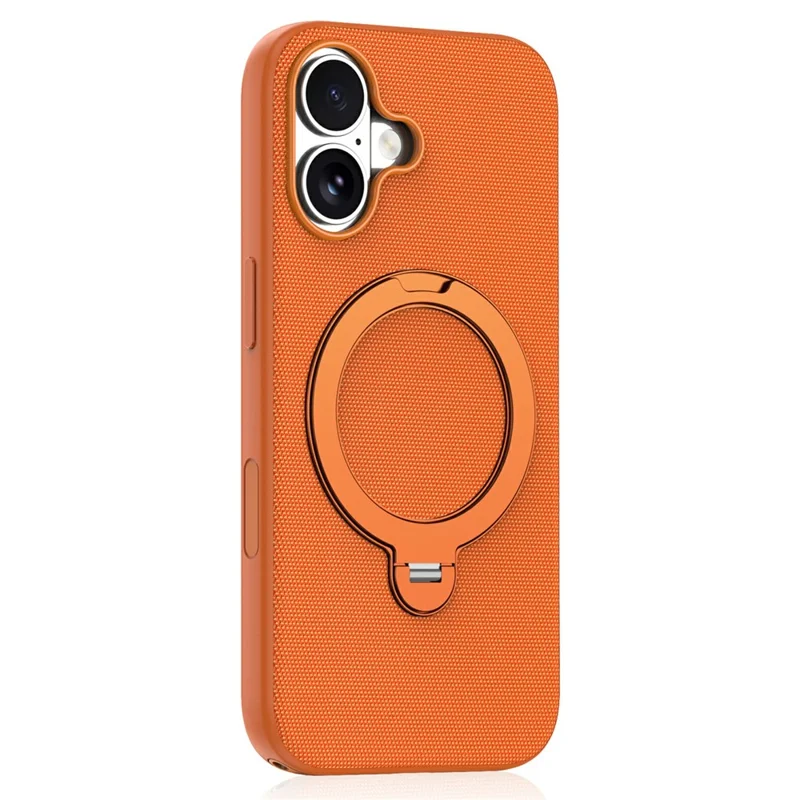For iPhone 16 Case Magnetic Rotating Kickstand Tech Fabric TPU Protective Cover - Orange