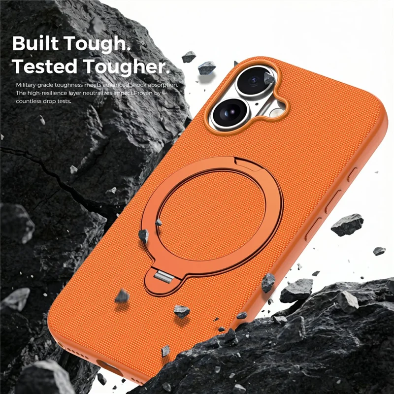 For iPhone 16 Case Magnetic Rotating Kickstand Tech Fabric TPU Protective Cover - Orange