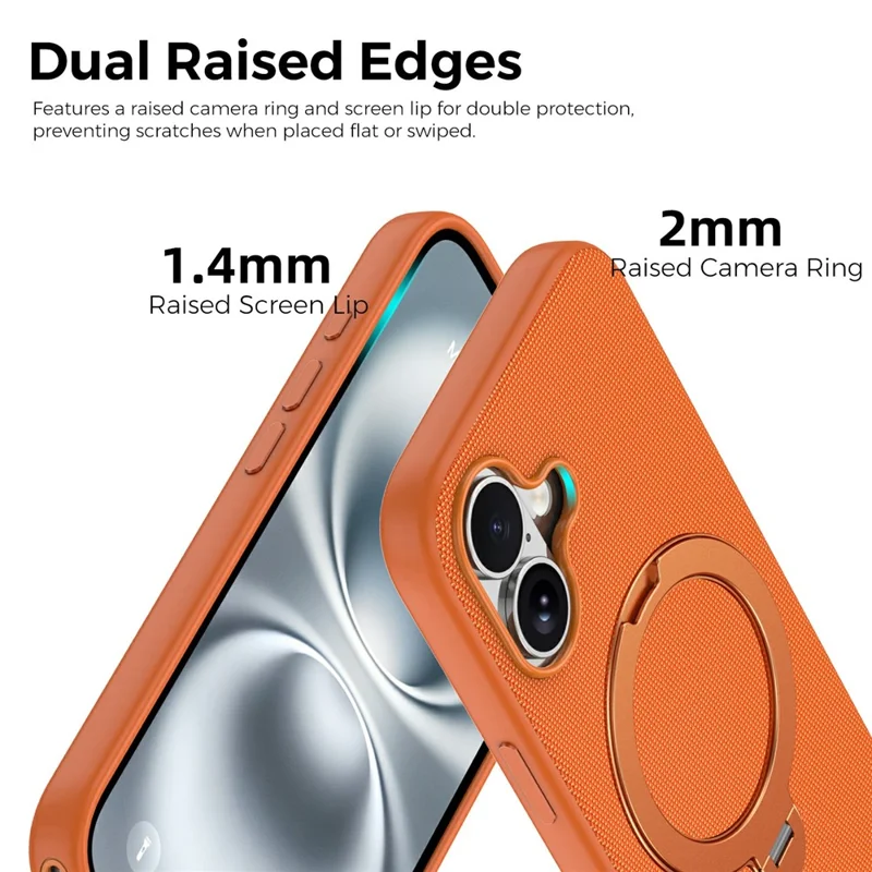 For iPhone 16 Case Magnetic Rotating Kickstand Tech Fabric TPU Protective Cover - Orange