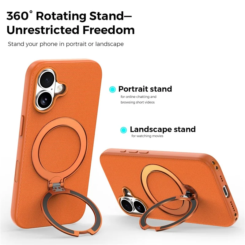 For iPhone 16 Case Magnetic Rotating Kickstand Tech Fabric TPU Protective Cover - Orange