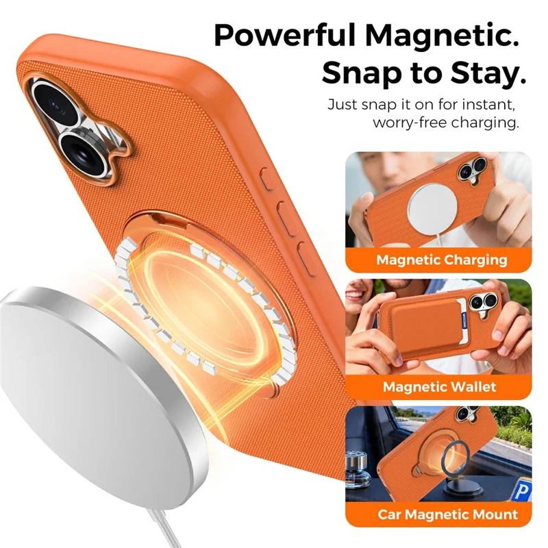For iPhone 16 Case Magnetic Rotating Kickstand Tech Fabric TPU Protective Cover - Orange