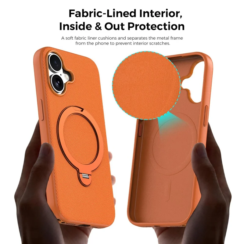 For iPhone 16 Case Magnetic Rotating Kickstand Tech Fabric TPU Protective Cover - Orange