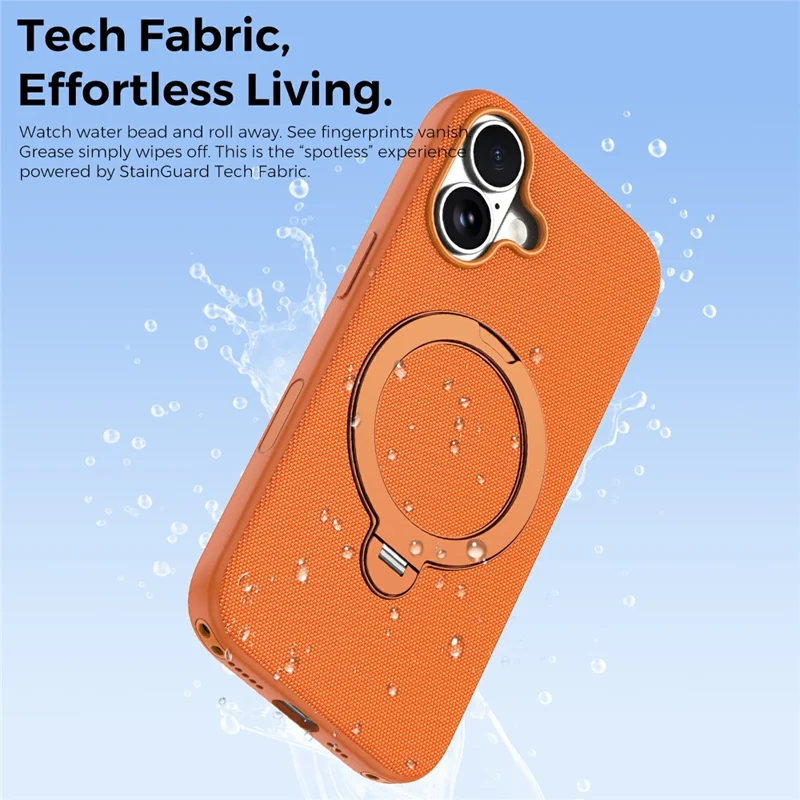 For iPhone 16 Case Magnetic Rotating Kickstand Tech Fabric TPU Protective Cover - Orange