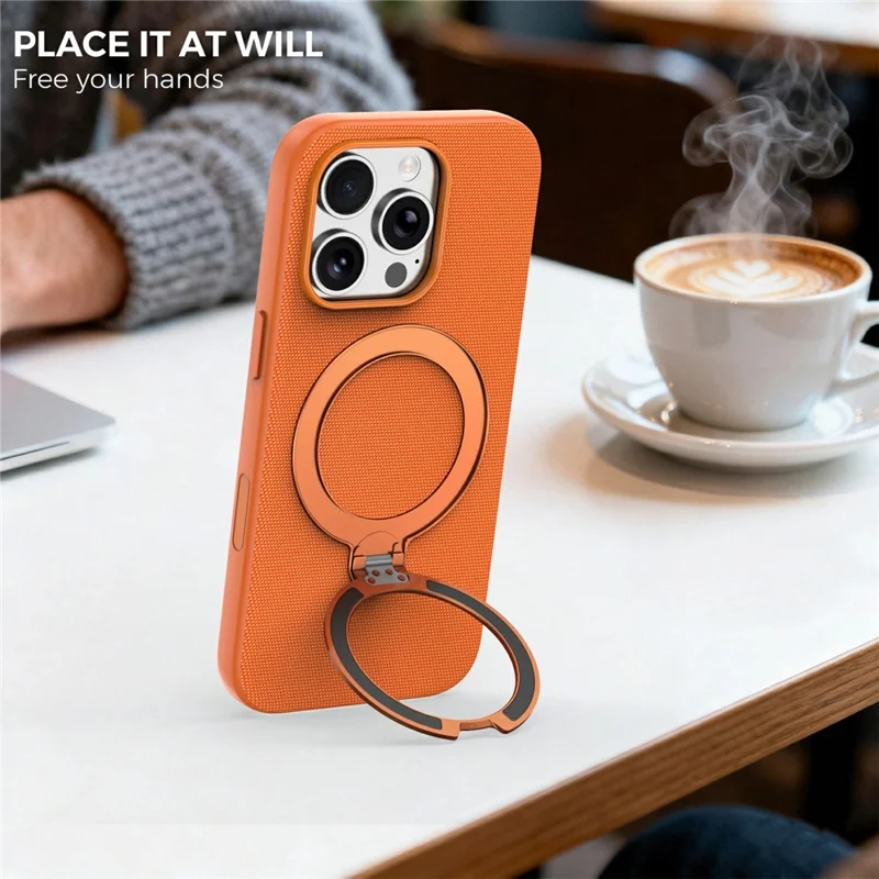 For iPhone 16 Pro Case Magnetic Rotating Kickstand Tech Fabric TPU Protective Cover - Orange
