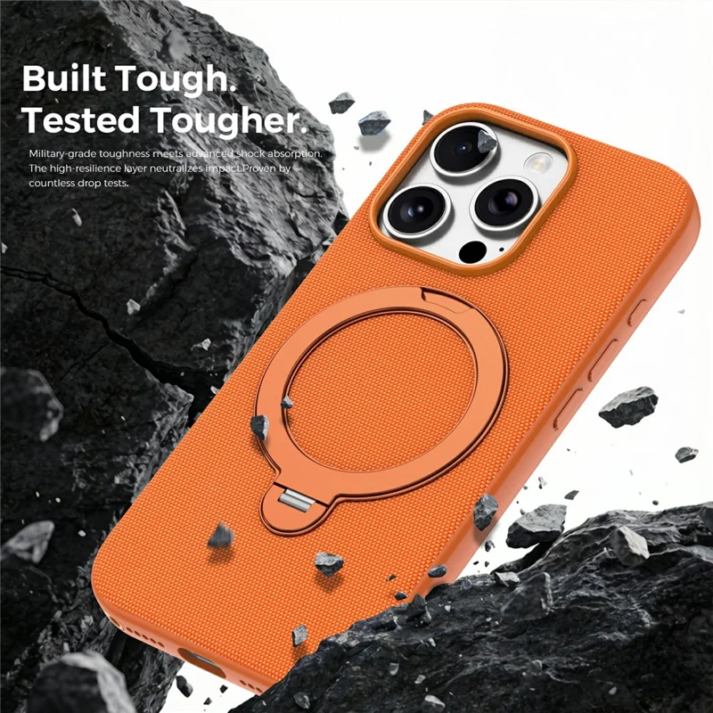 For iPhone 16 Pro Case Magnetic Rotating Kickstand Tech Fabric TPU Protective Cover - Orange
