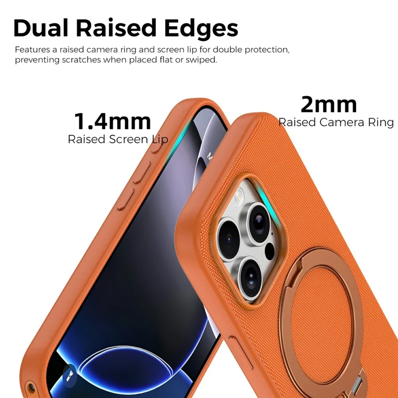 For iPhone 16 Pro Case Magnetic Rotating Kickstand Tech Fabric TPU Protective Cover - Orange