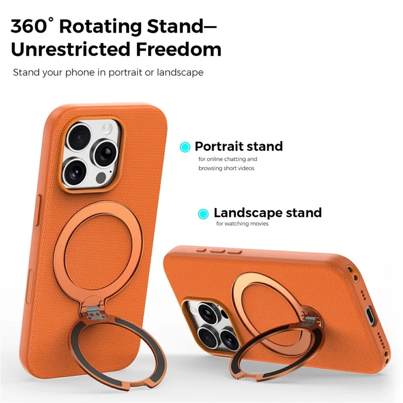 For iPhone 16 Pro Case Magnetic Rotating Kickstand Tech Fabric TPU Protective Cover - Orange