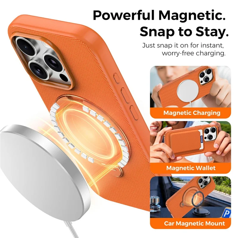 For iPhone 16 Pro Case Magnetic Rotating Kickstand Tech Fabric TPU Protective Cover - Orange
