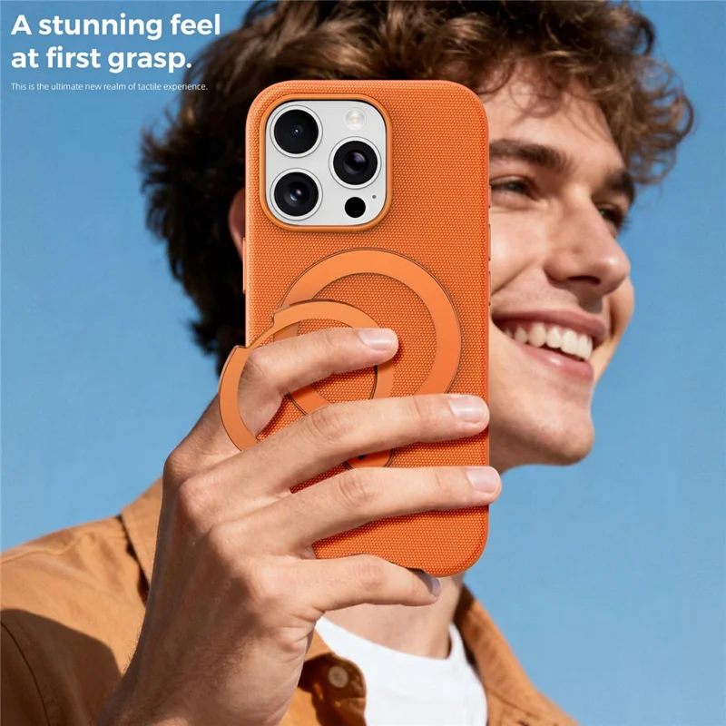 For iPhone 16 Pro Case Magnetic Rotating Kickstand Tech Fabric TPU Protective Cover - Orange