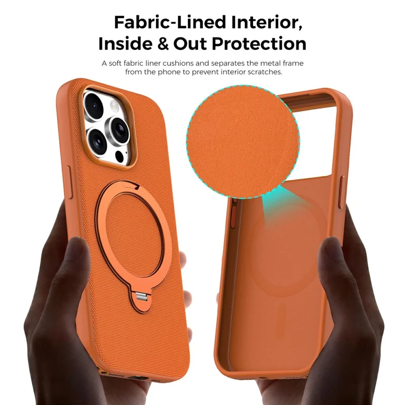 For iPhone 16 Pro Case Magnetic Rotating Kickstand Tech Fabric TPU Protective Cover - Orange
